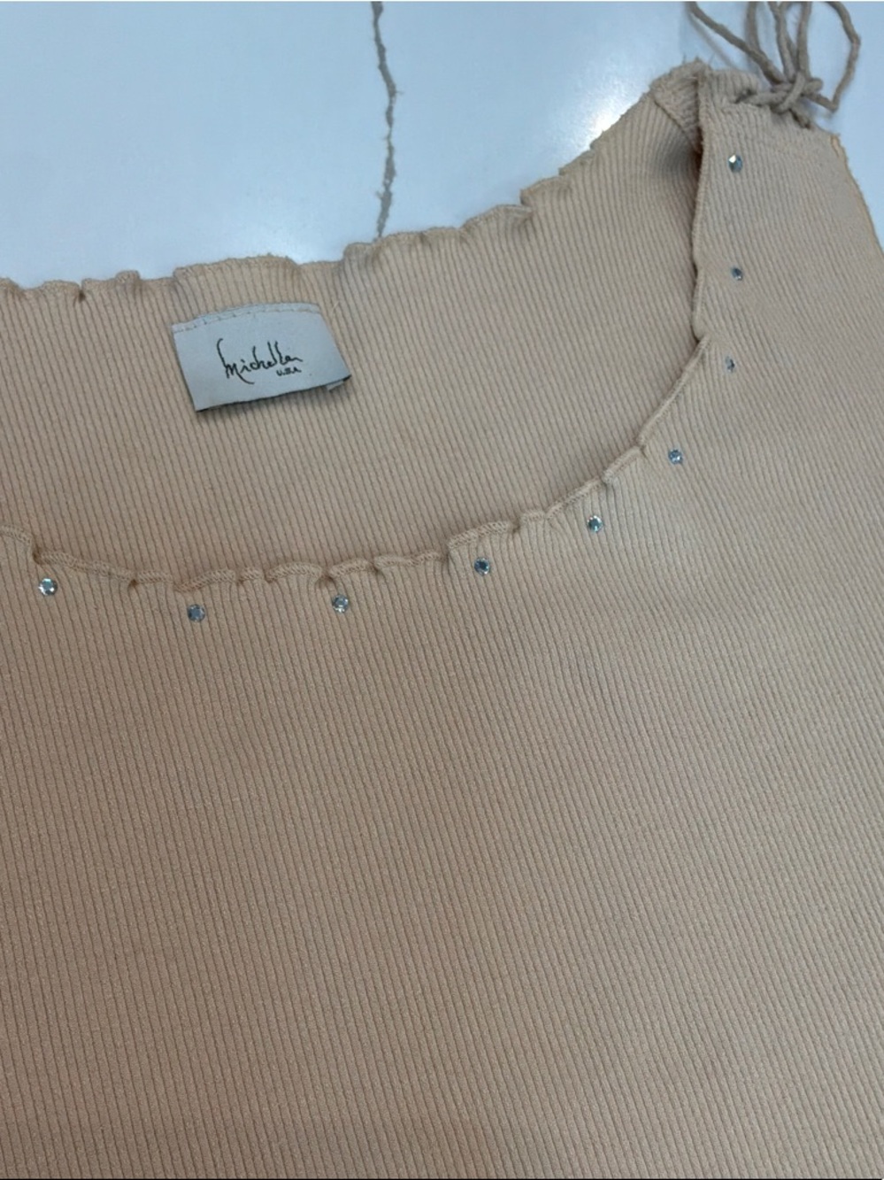 Michelle USA No size Measures Small Ribbed Tank Top with Rhinestone Trim - Beige